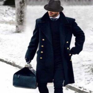 Mens Overcoat - Topcoat For Men - Winter Fabric - Black Double Breasted Overcoat